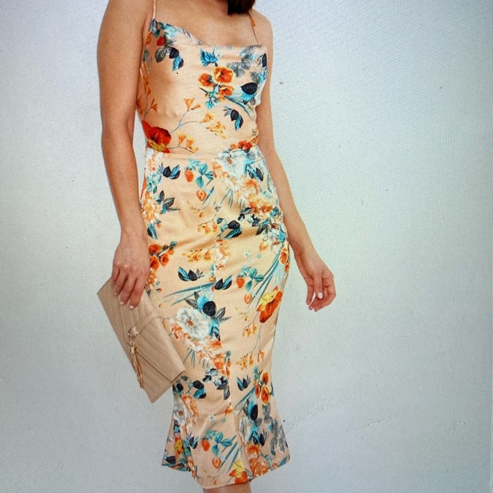 Satin Floral Cowl Flute Hem Slip Dress